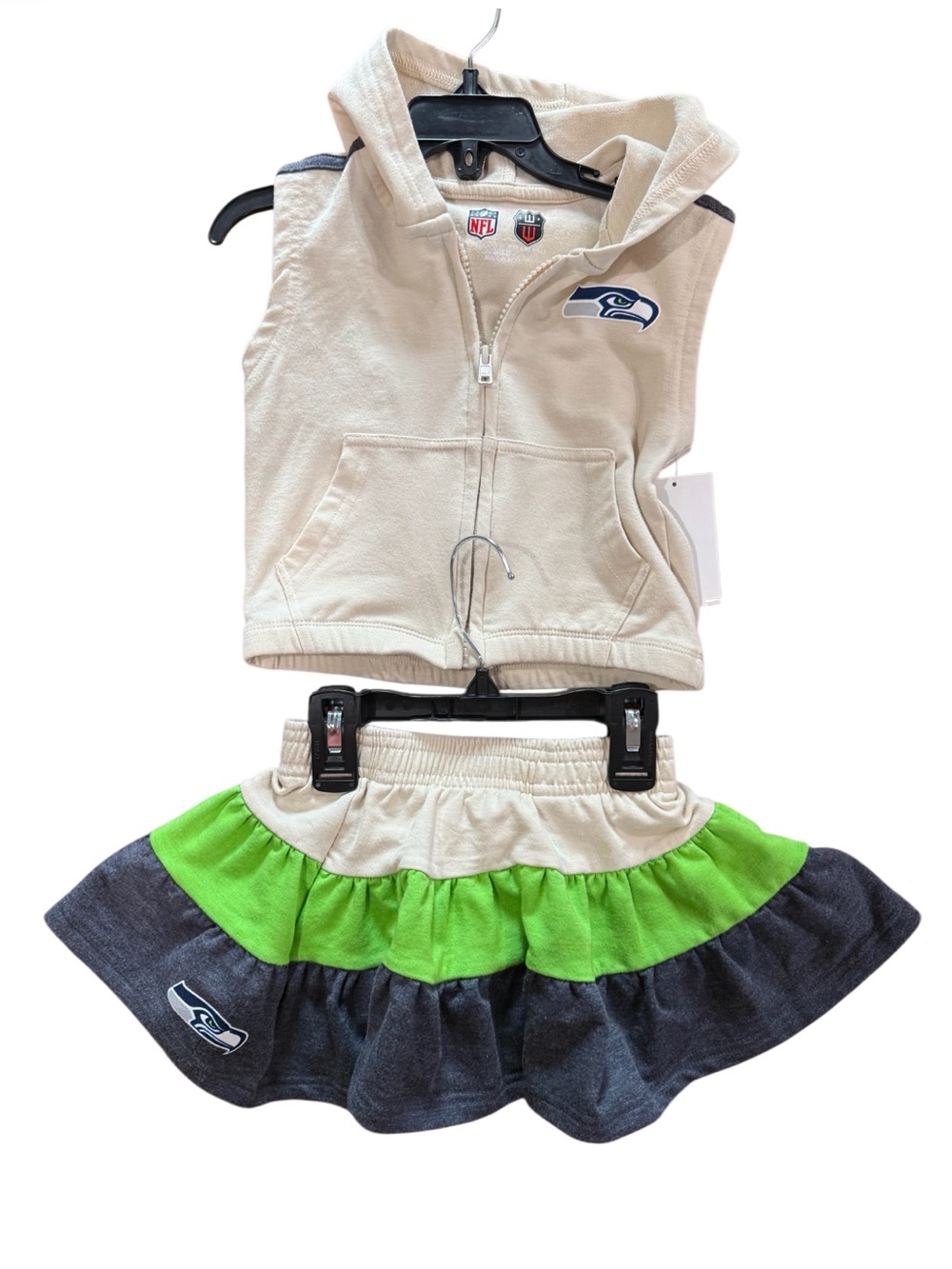 NFL Girls Seattle Seahawks Cream Hoodie Vest w/ Green & Blue Ruffle Skirt-2T NWT